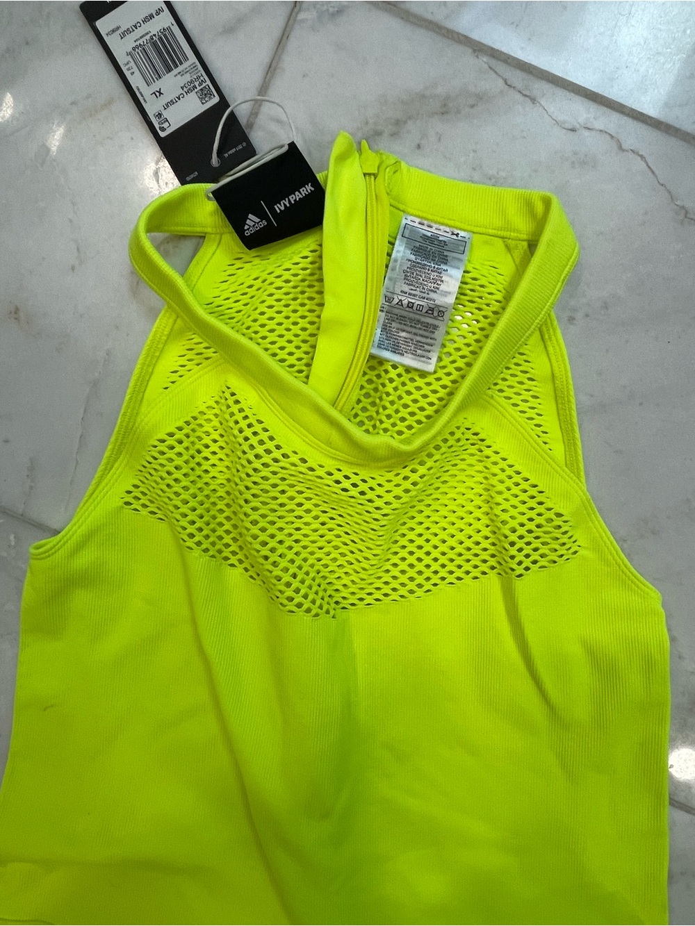Beyonce Adidas X IVY PARK Neon Yellow Mesh-Panel Halter Jumpsuit size XL - Picture 5 of 15